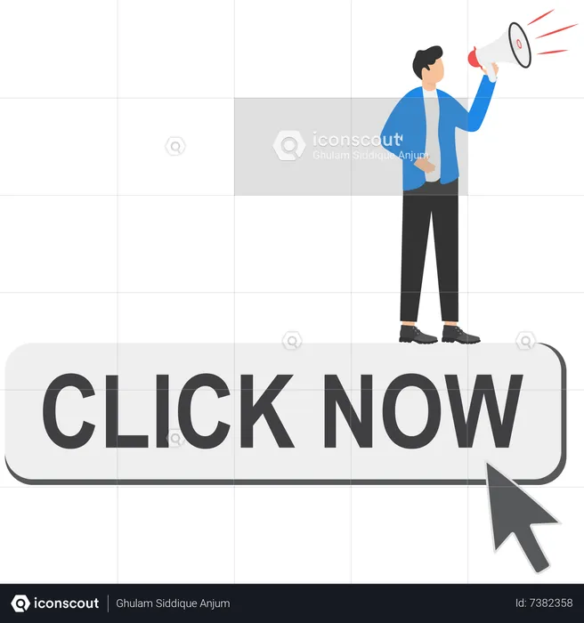 Businessman with megaphone motivate user to click button now  Illustration
