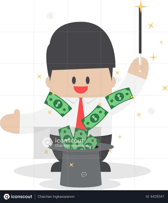 Businessman with money flying from magic hat  Illustration