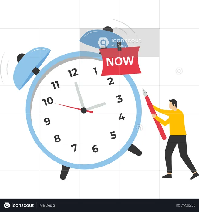 Businessman with pencil after he wrote the word Now on a note and stuck it on a ringing alarm clock  Illustration