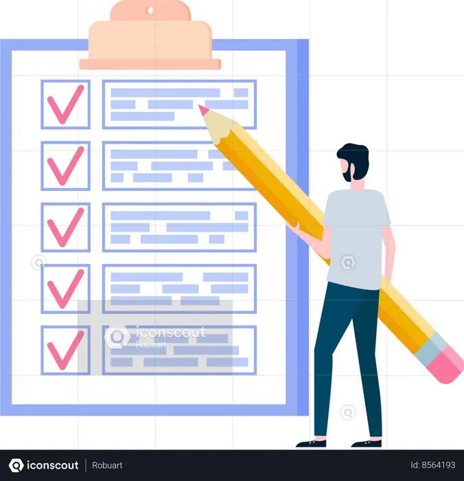 Businessman with pencils standing near checklist on clipboard  Illustration