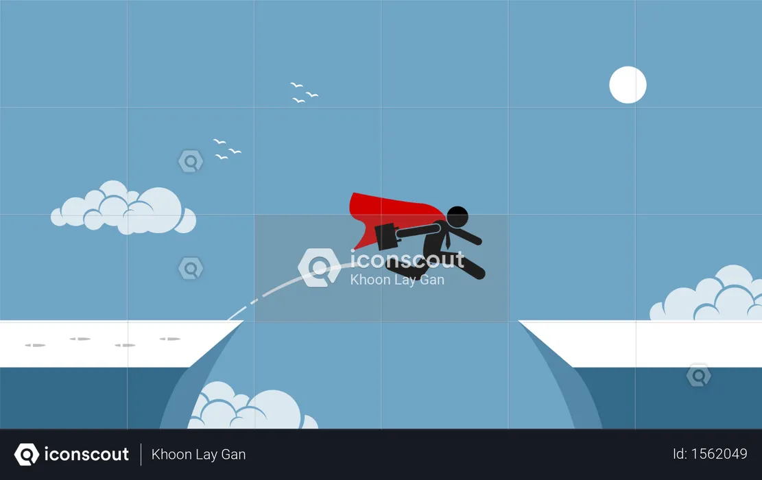 Businessman with red cape taking risk by jumping over a chasm  Illustration