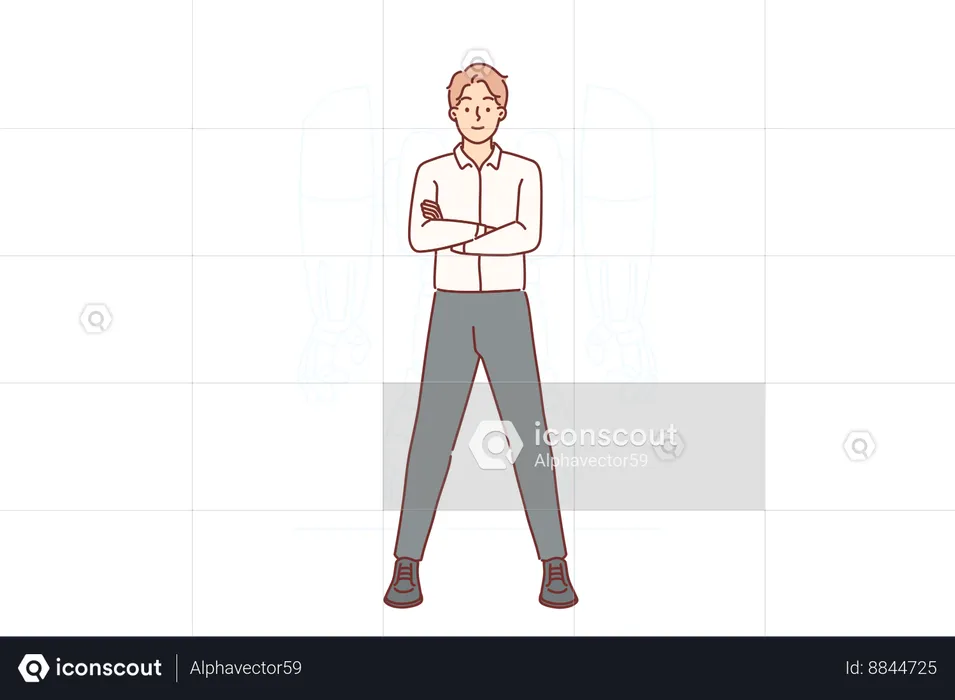 Businessman with robot exoskeleton stands with arms crossed  Illustration