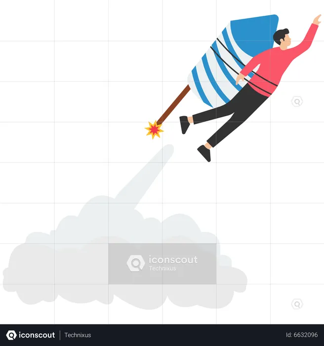 Businessman with rocket booster takeoff fast flying to new challenge  Illustration