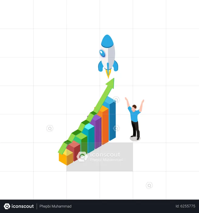 Businessman with successful startup launch  Illustration