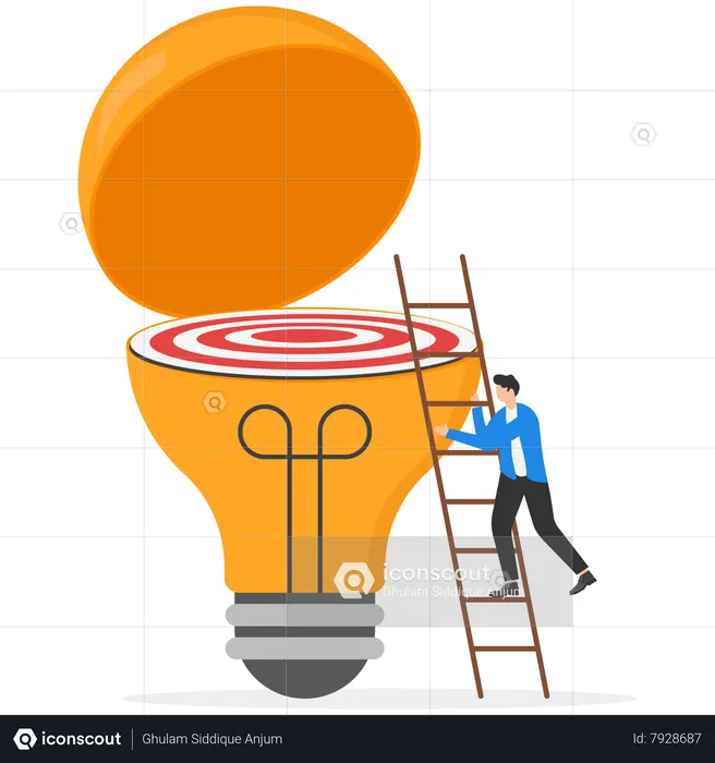 Businessman with suitcase walk up stair to reach target lamp  Illustration