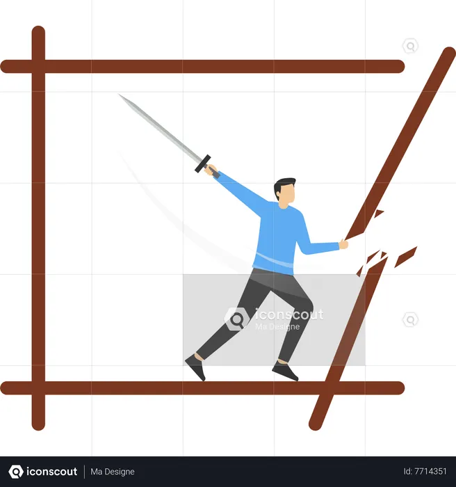 Businessman with sword cutting boundary box to get out of boundary zone  Illustration