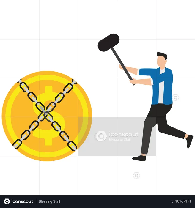 Businessman with sword trying to split shackles that hold dollar  Illustration