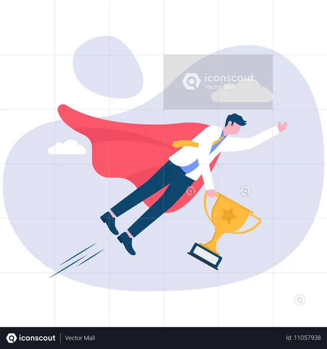 Businessman with trophy flying in sky  Illustration