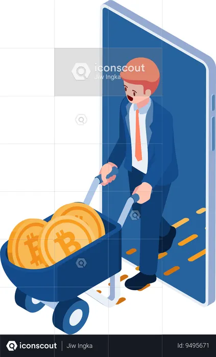 Businessman with Wheelbarrow Full of Bitcoin  Illustration