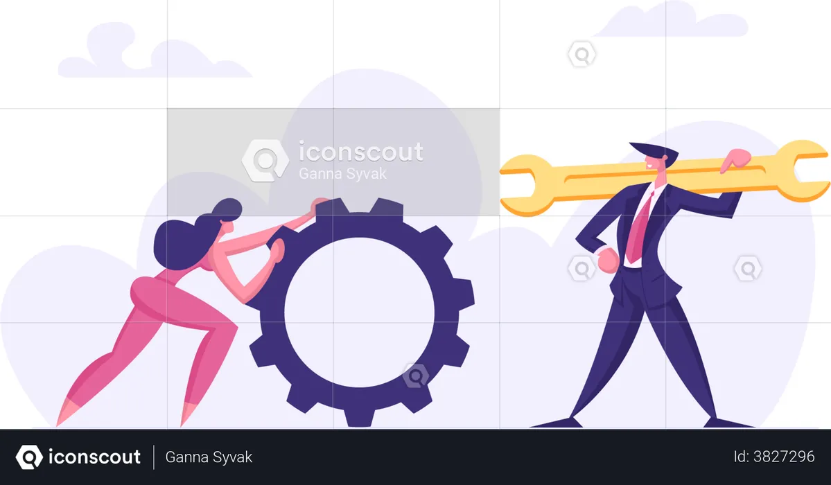 Businessman with Wrench and Woman with Cogwheel  Illustration