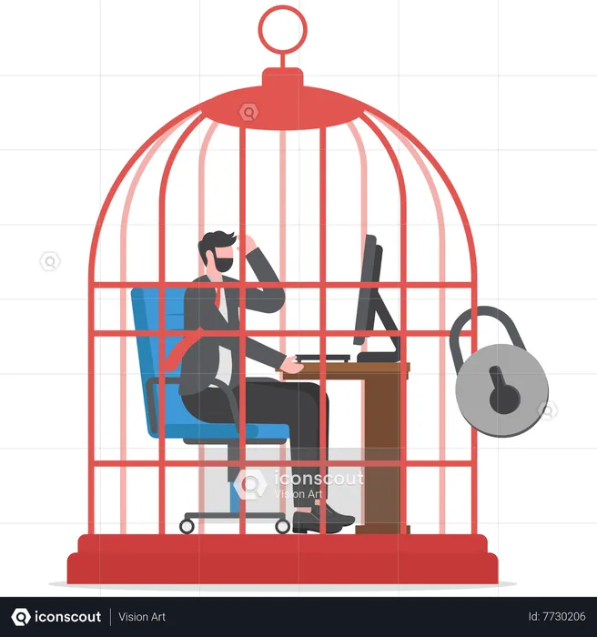 Businessman working at desk trapped inside birdcage  Illustration