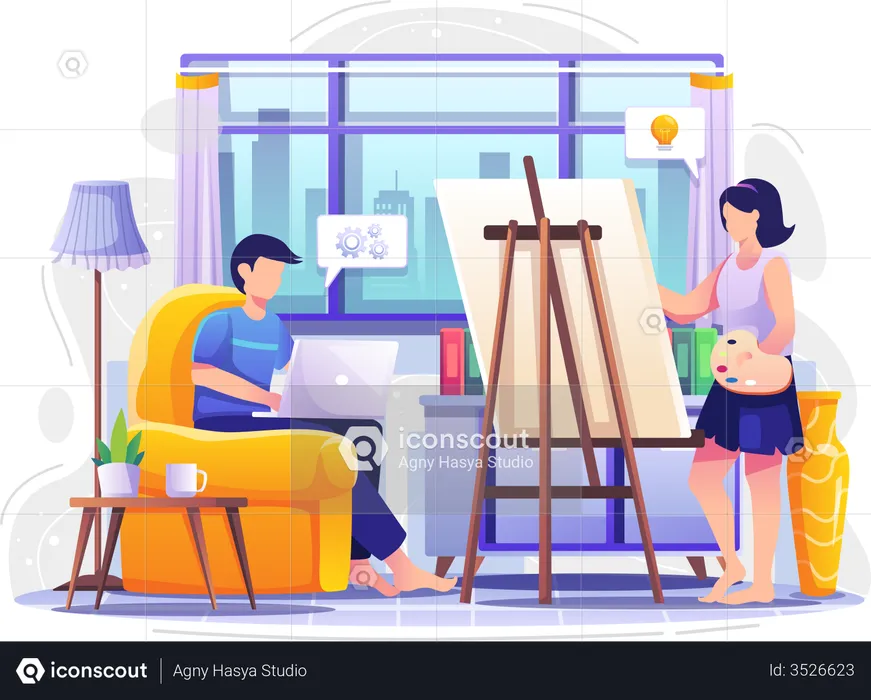 Businessman working from home and wife making art  Illustration
