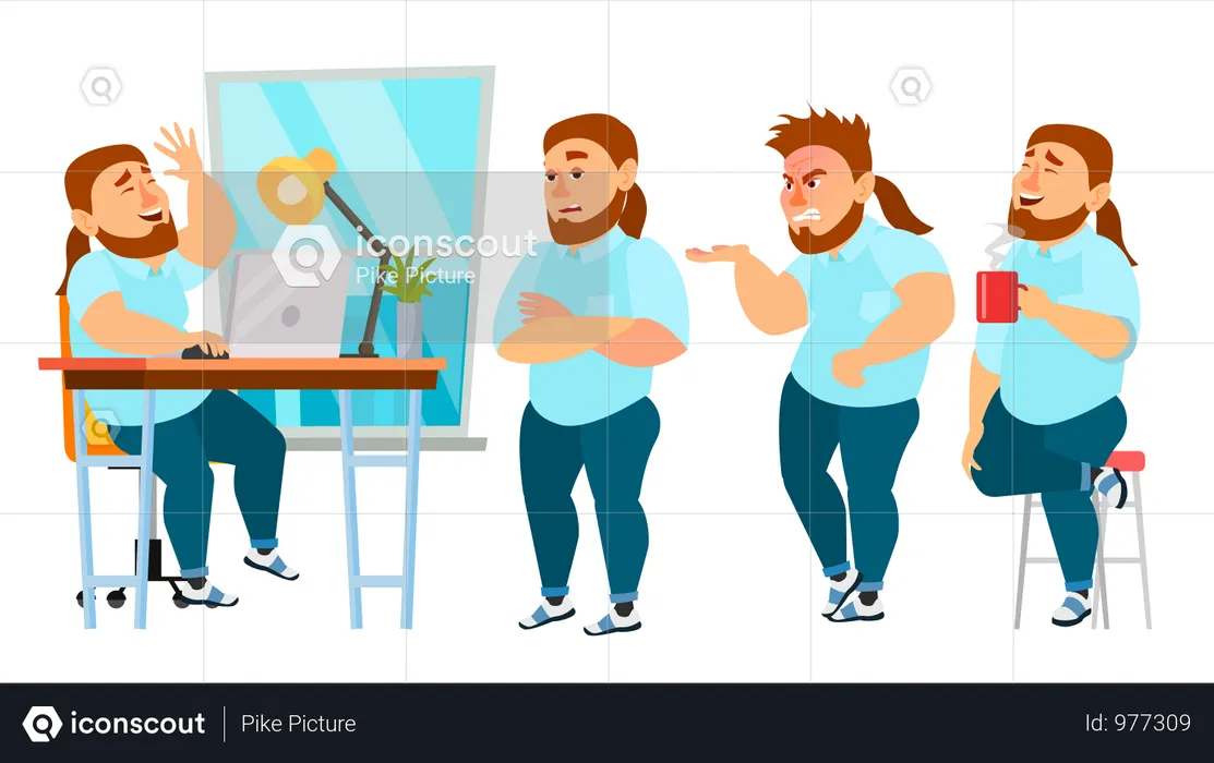 Businessman Working In Office On Desk With Different Gesture  Illustration