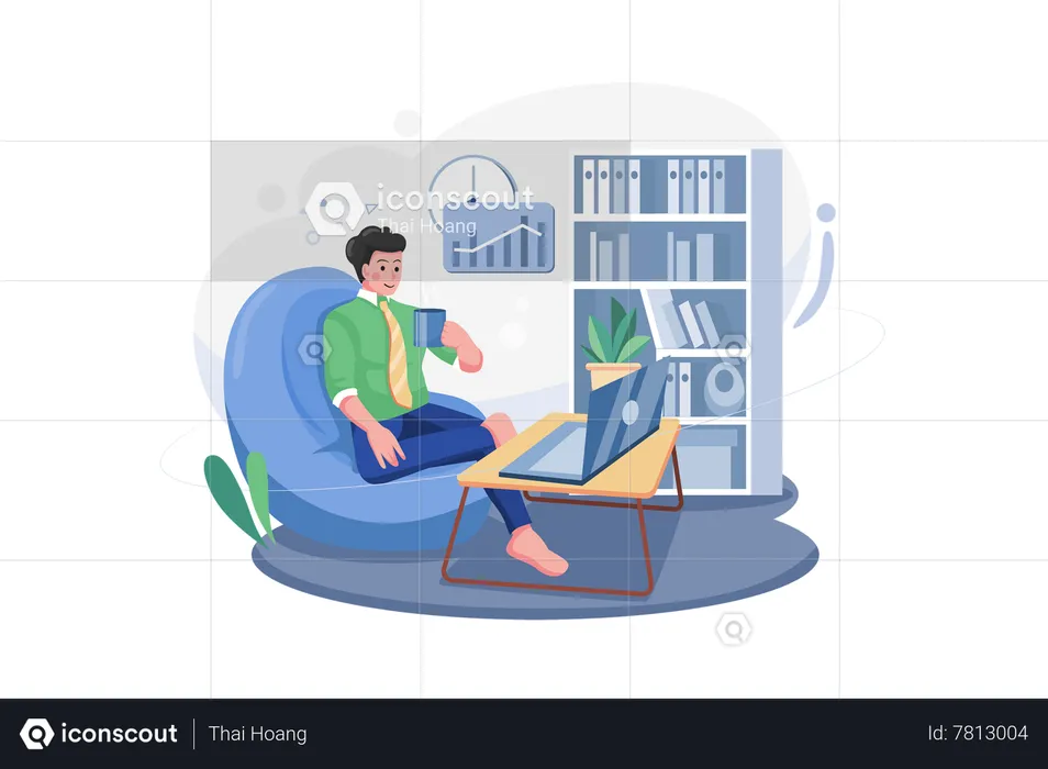 Businessman Working On A Bean Bag  Illustration