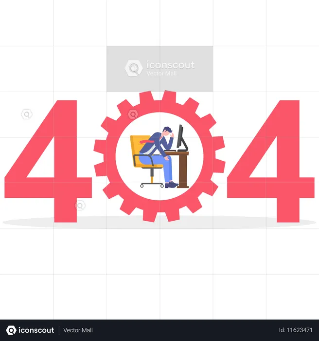 Businessman working on computer while getting 404 error  Illustration