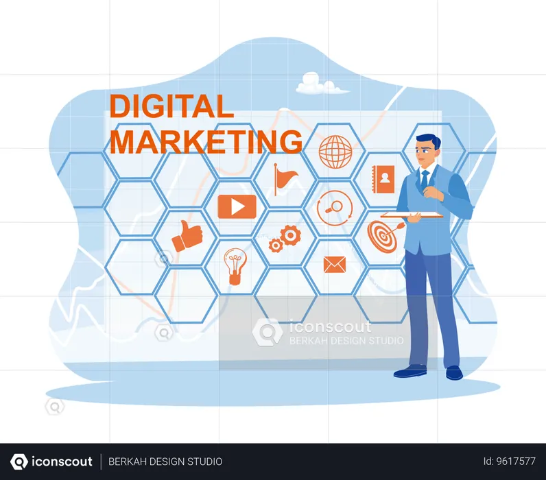 Businessman Working On Digital Marketing  Illustration
