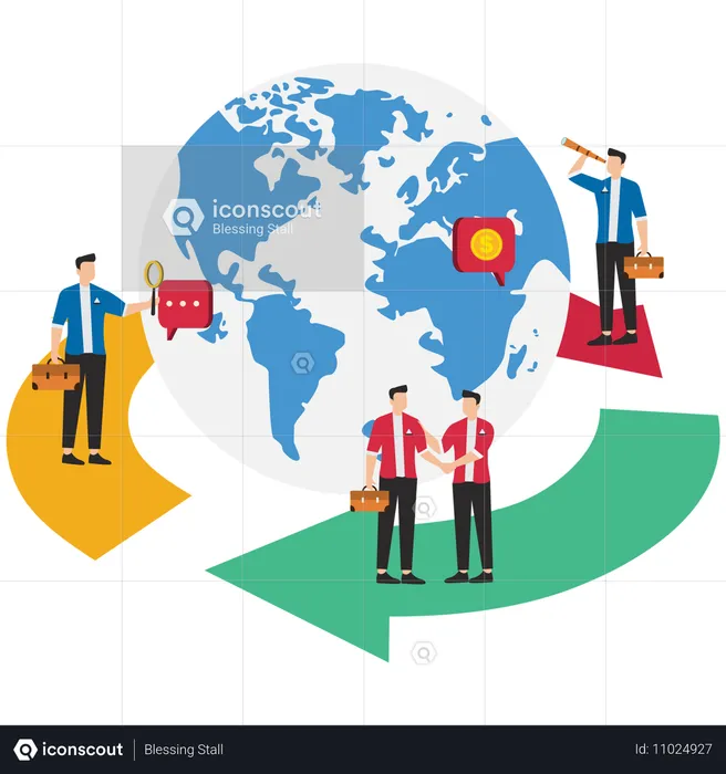 Businessman working on global assistance  Illustration