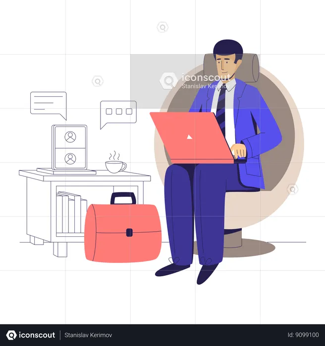 Businessman working on laptop at his workplace  Illustration
