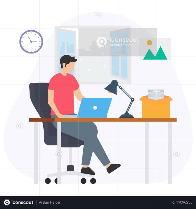 Businessman working on laptop in office  Illustration