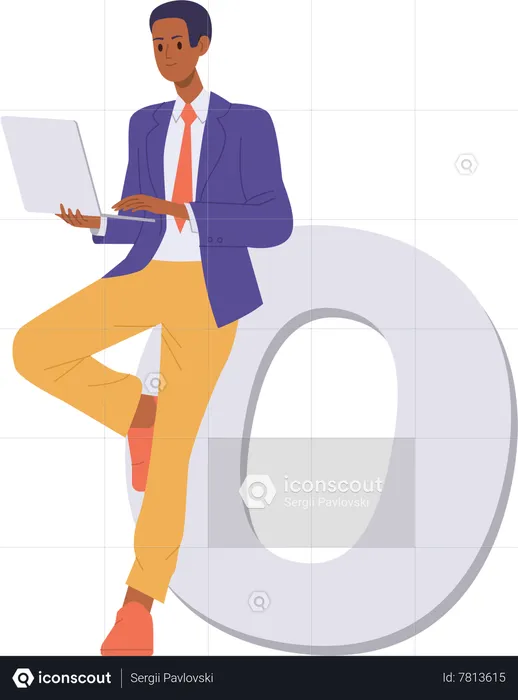 Businessman working on laptop standing nearby letter O  Illustration