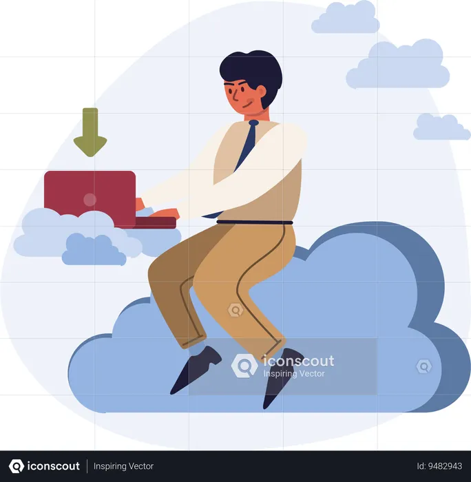 Businessman working on laptop while download data from cloud  Illustration