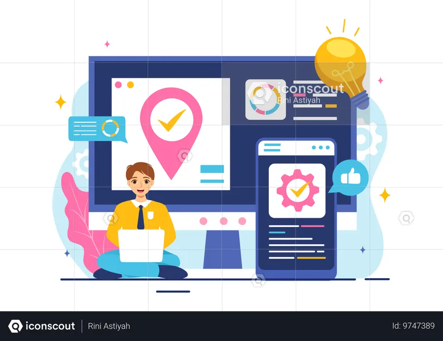 Businessman working on laptop while getting coding idea  Illustration