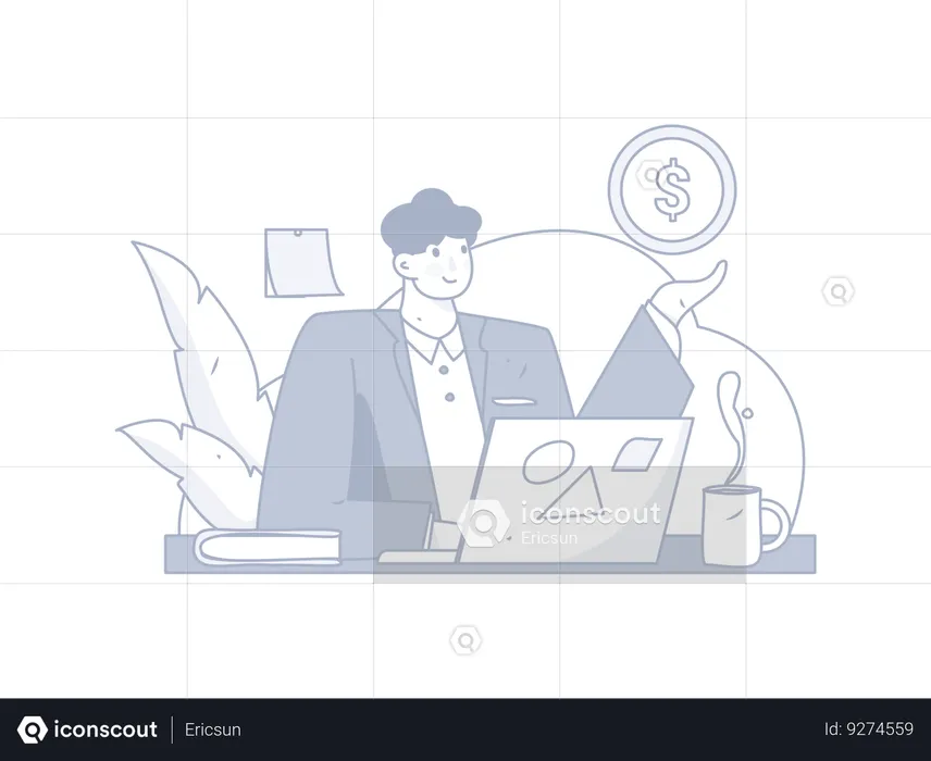 Businessman working on laptop while giving financial advise  Illustration