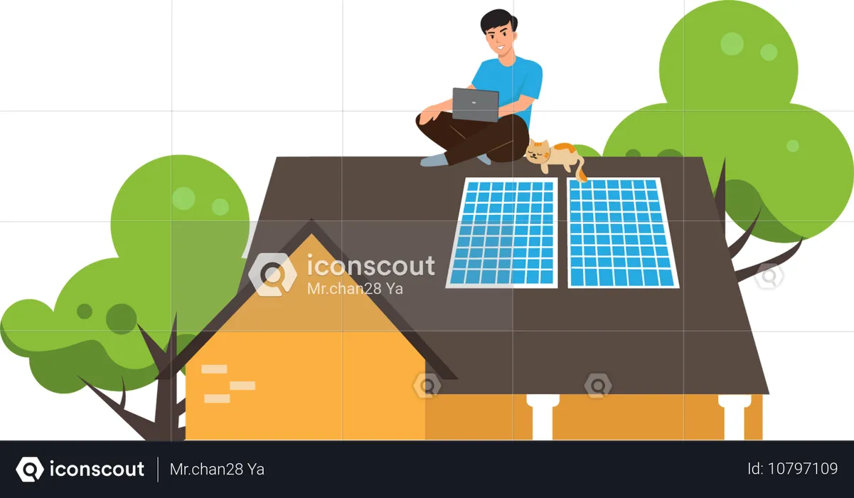 Businessman working on laptop while installing solar panel  Illustration