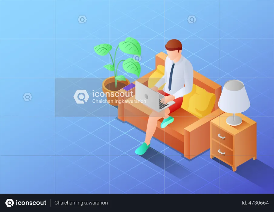 Businessman working on laptop while sitting on sofa  Illustration