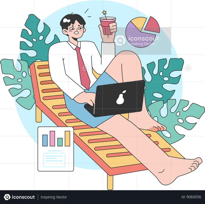 Businessman working online while enjoying business trip  Illustration