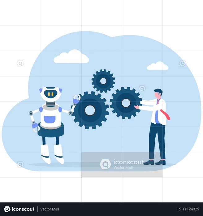 AI 로봇과 함께 일하는 사업가  일러스트레이션