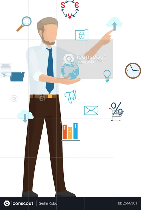 Businessman Working with Global Network  Illustration