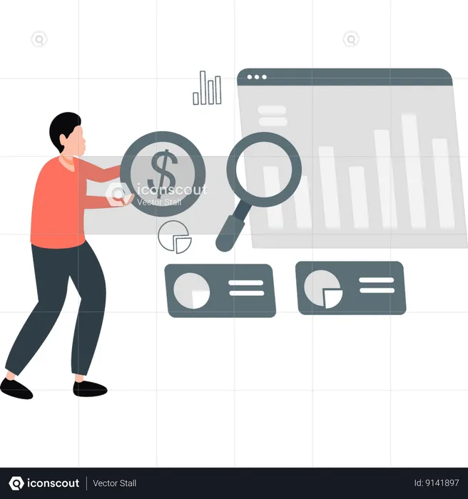 Businessman works on business financial graphs  Illustration