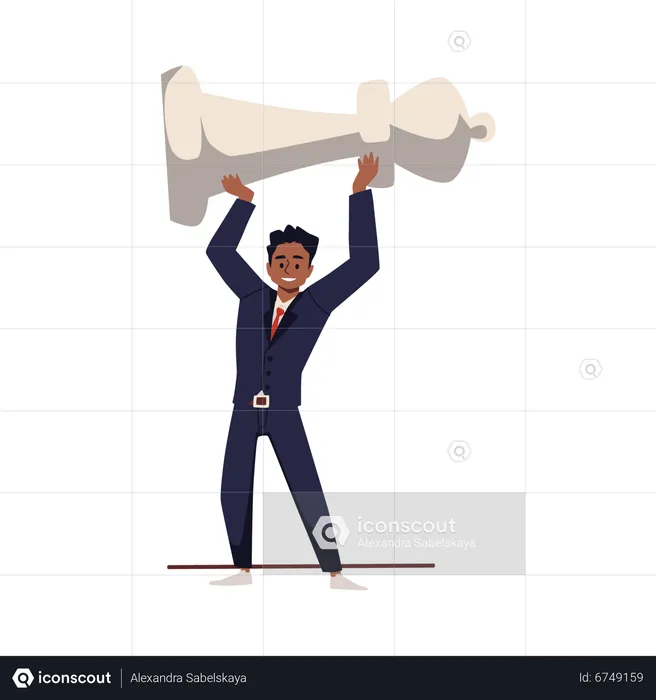 Businessmanholds huge white chess piece over his head  Illustration