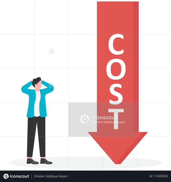 Businessman's hand holding green down arrow put on COST bar chart  Illustration