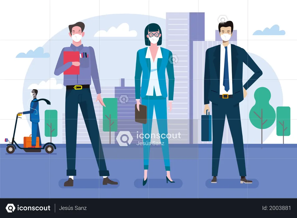 Businessmen and businesswomen in front of their offices wearing protective masks  Illustration