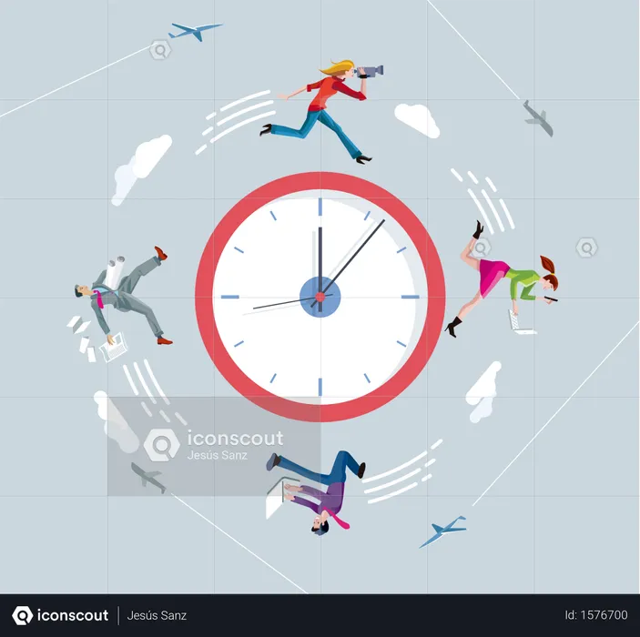 Businessmen and businesswomen running on circular clock  Illustration