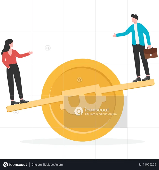 Businessmen balancing on bitcoin weight  Illustration