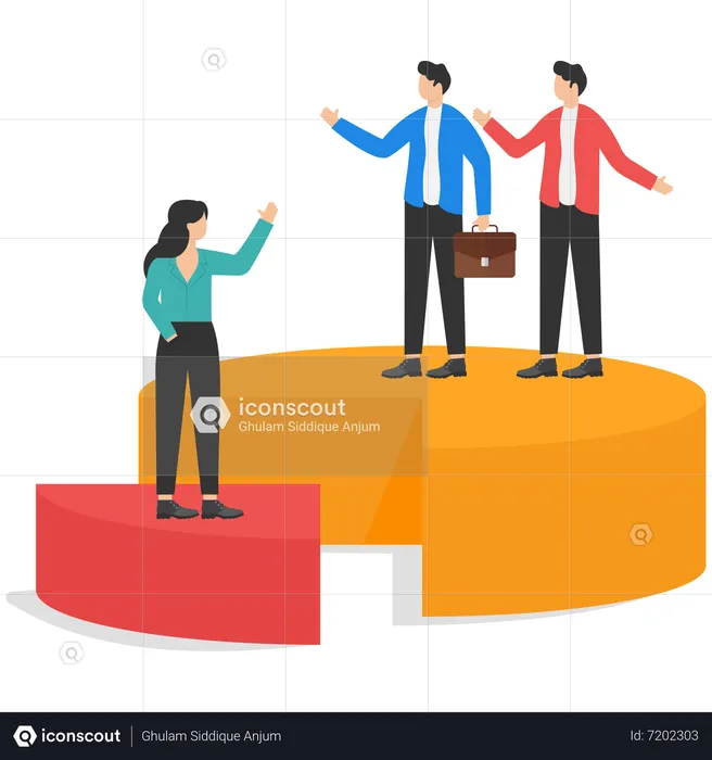 Businessmen climb up the ladder up the pie chart with no space left for women  Illustration