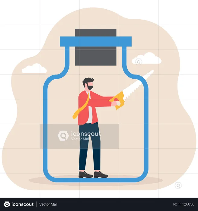 Businessmen cuts bottom of bottle with saw  Illustration