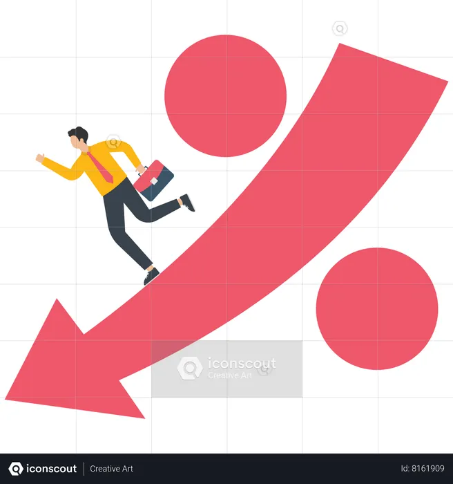 Businessmen ran away on falling arrow percent  Illustration
