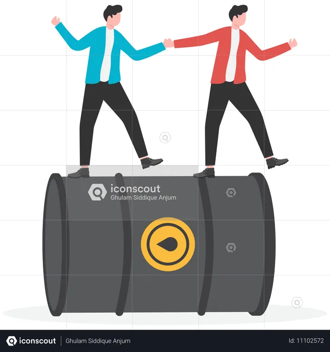 Businessmen running on rolling oil barrels  Illustration