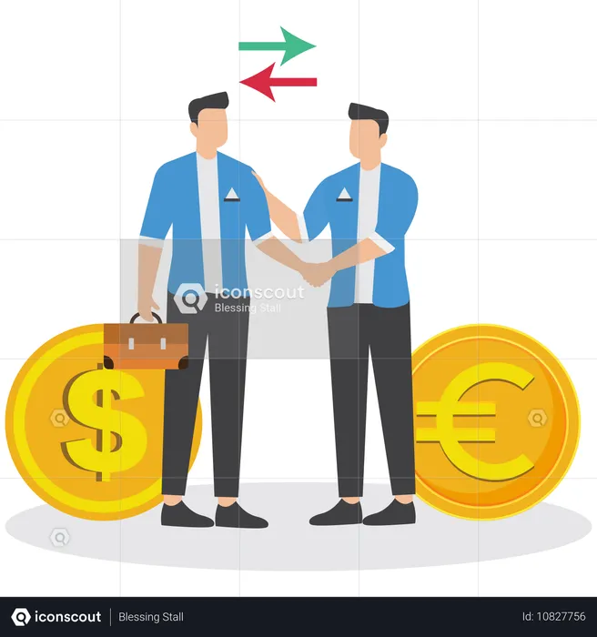 Businessmen shaking hands and exchanging currency  Illustration