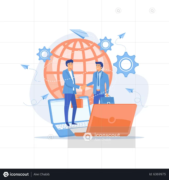 Businessmen shaking hands through laptop  Illustration