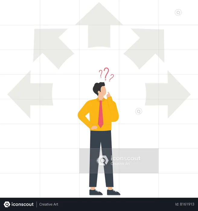Businessmen standing between surrounded by arrows thinking  Illustration