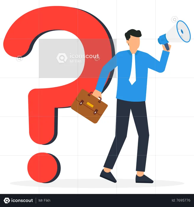 Businessmen talking with megaphone asking questions with speech bubble big question mark  Illustration