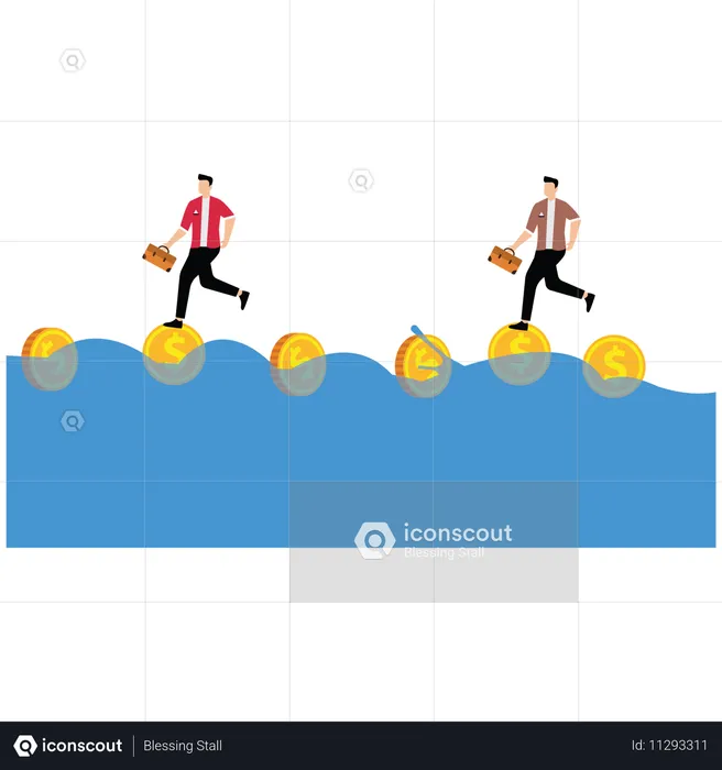 사업가들이 물 속의 금화를 밟다  일러스트레이션