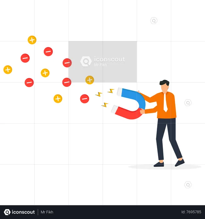 Businessmen use magnets to attract positive and negative thoughts  Illustration