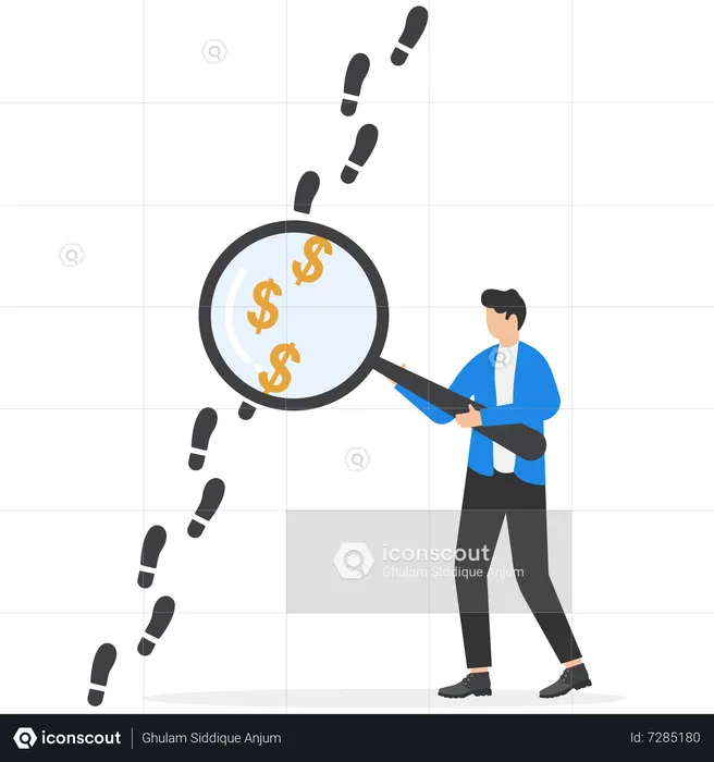 Businessmen using magnifying glass analyze footprints track with dollar signs  Illustration