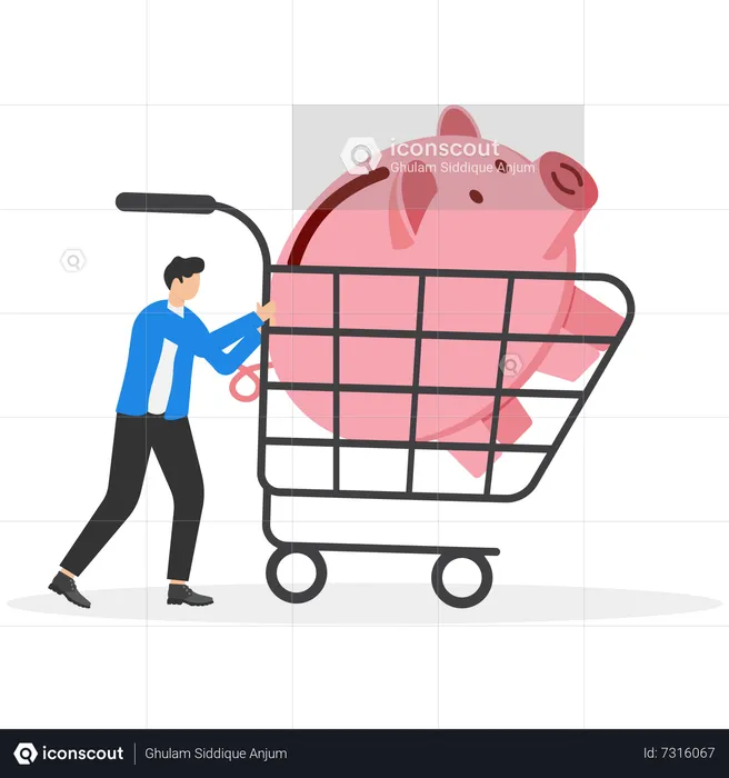 Businessmen walk with shopping cart with big pink piggy bank  Illustration